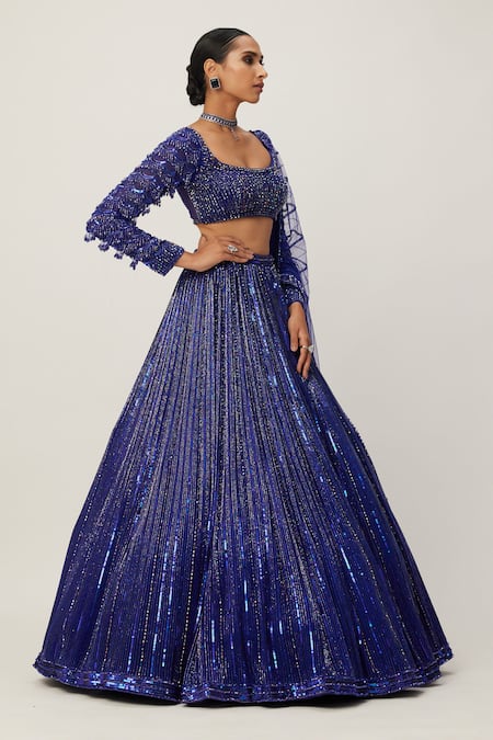 Buy_Vvani By Vani Vats_Blue Georgette, Organza Sequins, Crystals Square Cutdana Embroidered Lehenga Set _Online_at_Aza_Fashions