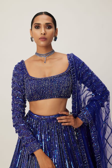 Shop_Vvani By Vani Vats_Blue Georgette, Organza Sequins, Crystals Square Cutdana Embroidered Lehenga Set _Online_at_Aza_Fashions