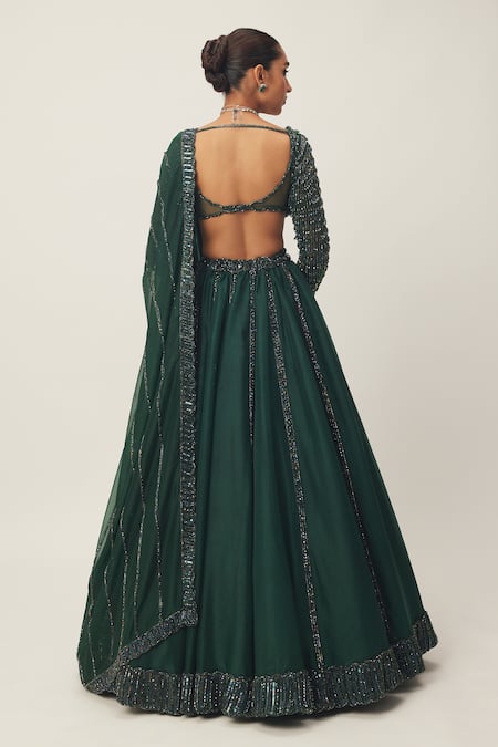 Shop Vvani By Vani Vats Green Georgette, Organza Sequins, Crystals, Cut Work Scoop Neck Lehenga Set at Aza Fashions Shop_Vvani By Vani Vats_Green Georgette, Organza Sequins, Crystals, Cut Work Scoop Neck Lehenga Set _at_Aza_Fashions