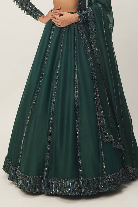Vvani By Vani Vats Green Georgette, Organza Sequins, Crystals, Cut Work Scoop Neck Lehenga Set Online at Aza Fashions Vvani By Vani Vats_Green Georgette, Organza Sequins, Crystals, Cut Work Scoop Neck Lehenga Set _Online_at_Aza_Fashions
