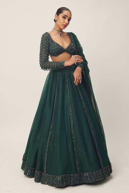 Shop Vvani By Vani Vats Green Georgette, Organza Sequins, Crystals, Cut Work Scoop Neck Lehenga Set Online at Aza Fashions Shop_Vvani By Vani Vats_Green Georgette, Organza Sequins, Crystals, Cut Work Scoop Neck Lehenga Set _Online_at_Aza_Fashions