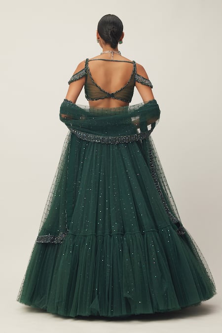 Shop_Vvani By Vani Vats_Green Georgette, Net Crystals, Cut Work, Sequins Scoop Embellished Lehenga Set _at_Aza_Fashions