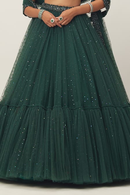 Vvani By Vani Vats_Green Georgette, Net Crystals, Cut Work, Sequins Scoop Embellished Lehenga Set _Online_at_Aza_Fashions