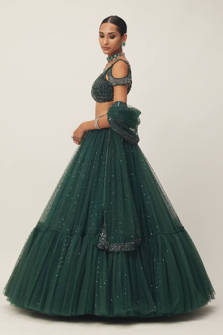 Buy_Vvani By Vani Vats_Green Georgette, Net Crystals, Cut Work, Sequins Scoop Embellished Lehenga Set _Online_at_Aza_Fashions