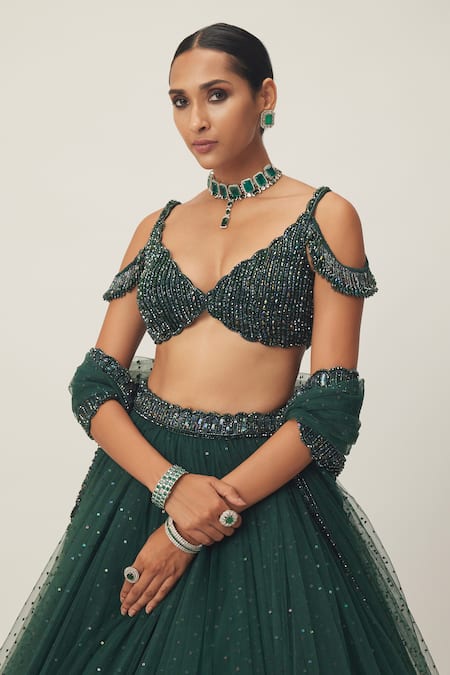 Shop_Vvani By Vani Vats_Green Georgette, Net Crystals, Cut Work, Sequins Scoop Embellished Lehenga Set _Online_at_Aza_Fashions