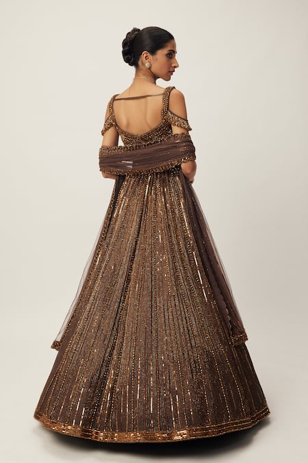 Shop_Vvani By Vani Vats_Brown Georgette, Organza, Net Sequins, Embellished Cold Shoulder Lehenga Set _at_Aza_Fashions