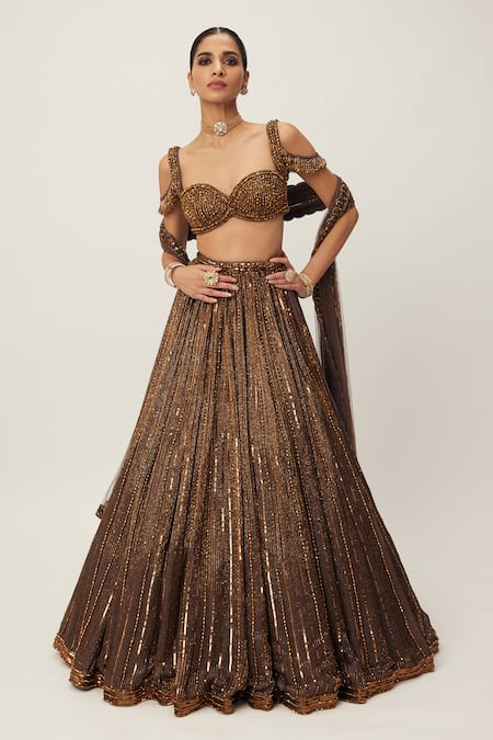 Vvani By Vani Vats_Brown Georgette, Organza, Net Sequins, Embellished Cold Shoulder Lehenga Set _Online_at_Aza_Fashions