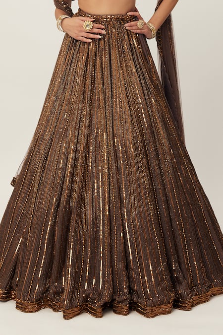 Buy_Vvani By Vani Vats_Brown Georgette, Organza, Net Sequins, Embellished Cold Shoulder Lehenga Set _Online_at_Aza_Fashions