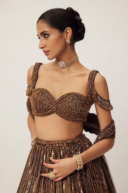 Shop_Vvani By Vani Vats_Brown Georgette, Organza, Net Sequins, Embellished Cold Shoulder Lehenga Set _Online_at_Aza_Fashions