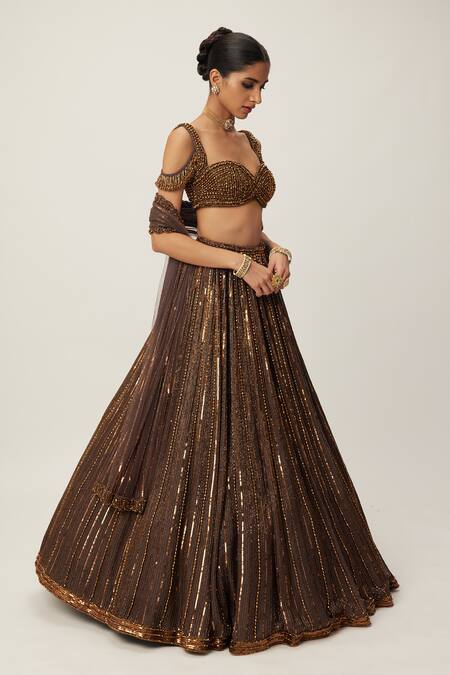 Buy_Vvani By Vani Vats_Brown Georgette, Organza, Net Sequins, Embellished Cold Shoulder Lehenga Set 