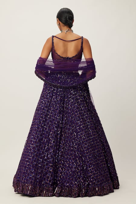 Shop Vvani By Vani Vats Purple Georgette, Net Embroidery, Crystals, Sequins Scoop Neck Lehenga Set at Aza Fashions Shop_Vvani By Vani Vats_Purple Georgette, Net Embroidery, Crystals, Sequins Scoop Neck Lehenga Set _at_Aza_Fashions
