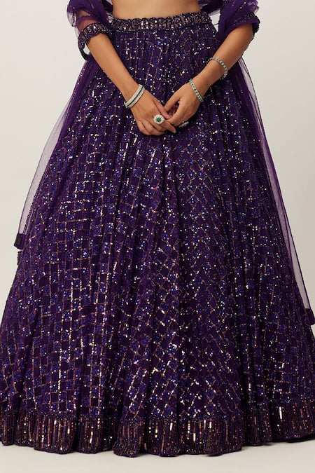 Vvani By Vani Vats Purple Georgette, Net Embroidery, Crystals, Sequins Scoop Neck Lehenga Set Online at Aza Fashions Vvani By Vani Vats_Purple Georgette, Net Embroidery, Crystals, Sequins Scoop Neck Lehenga Set _Online_at_Aza_Fashions