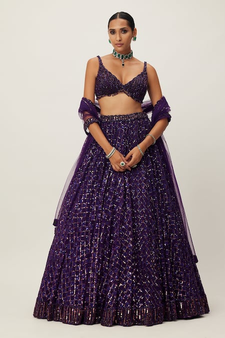 Buy Vvani By Vani Vats Purple Georgette, Net Embroidery, Crystals, Sequins Scoop Neck Lehenga Set Online at Aza Fashions Buy_Vvani By Vani Vats_Purple Georgette, Net Embroidery, Crystals, Sequins Scoop Neck Lehenga Set _Online_at_Aza_Fashions