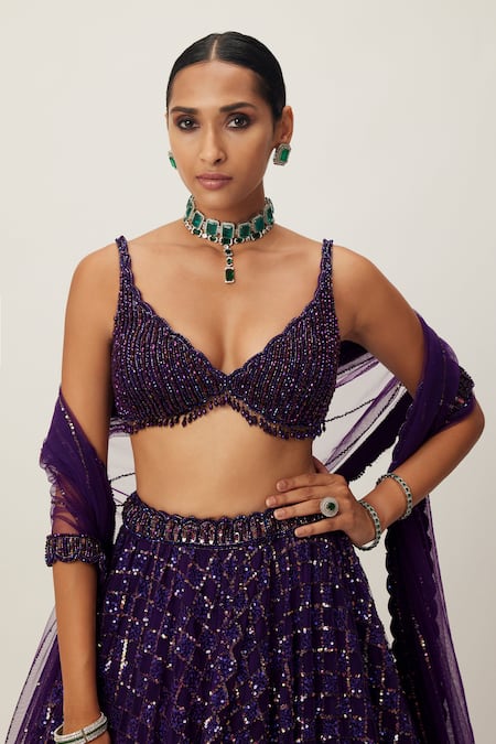 Shop Vvani By Vani Vats Purple Georgette, Net Embroidery, Crystals, Sequins Scoop Neck Lehenga Set Online at Aza Fashions Shop_Vvani By Vani Vats_Purple Georgette, Net Embroidery, Crystals, Sequins Scoop Neck Lehenga Set _Online_at_Aza_Fashions