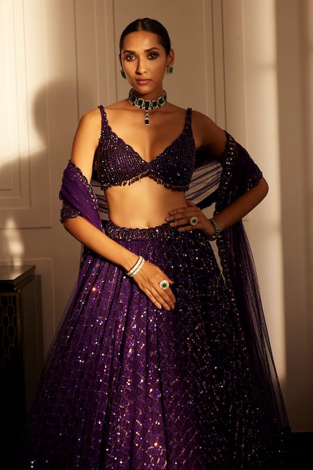 Vvani By Vani Vats Purple Georgette, Net Embroidery, Crystals, Sequins Scoop Neck Lehenga Set at Aza Fashions Vvani By Vani Vats_Purple Georgette, Net Embroidery, Crystals, Sequins Scoop Neck Lehenga Set _at_Aza_Fashions
