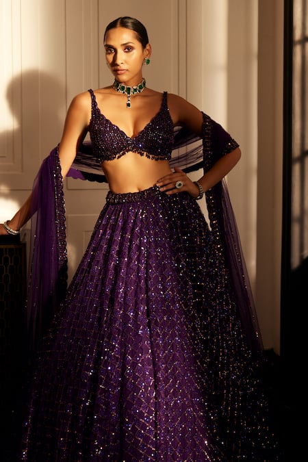Buy Vvani By Vani Vats Purple Georgette, Net Embroidery, Crystals, Sequins Scoop Neck Lehenga Set Buy_Vvani By Vani Vats_Purple Georgette, Net Embroidery, Crystals, Sequins Scoop Neck Lehenga Set