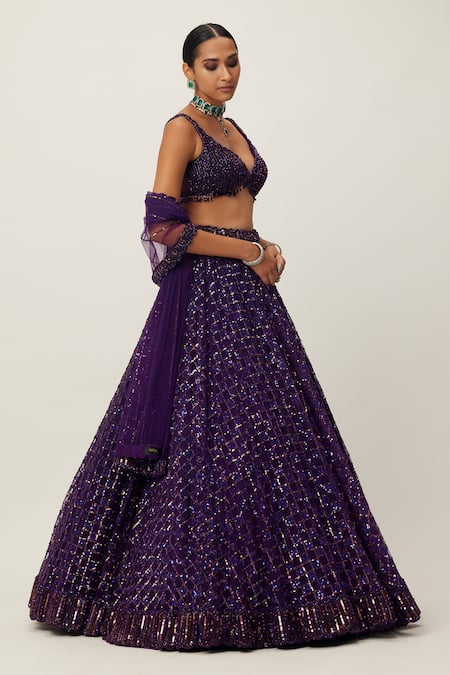 Shop Vvani By Vani Vats Purple Georgette, Net Embroidery, Crystals, Sequins Scoop Neck Lehenga Set Shop_Vvani By Vani Vats_Purple Georgette, Net Embroidery, Crystals, Sequins Scoop Neck Lehenga Set