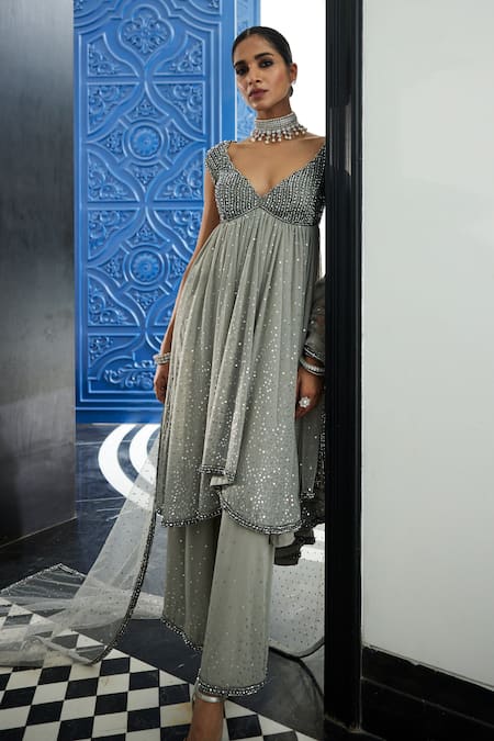 Vvani By Vani Vats_Silver Georgette Crystals, Sequins Scoop Embellished Anarkali Flared Pant Set _Online_at_Aza_Fashions