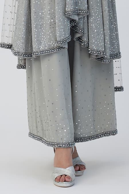 Buy_Vvani By Vani Vats_Silver Georgette Crystals, Sequins Scoop Embellished Anarkali Flared Pant Set _Online_at_Aza_Fashions