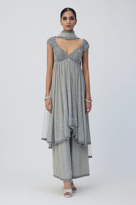 Shop_Vvani By Vani Vats_Silver Georgette Crystals, Sequins Scoop Embellished Anarkali Flared Pant Set _Online_at_Aza_Fashions