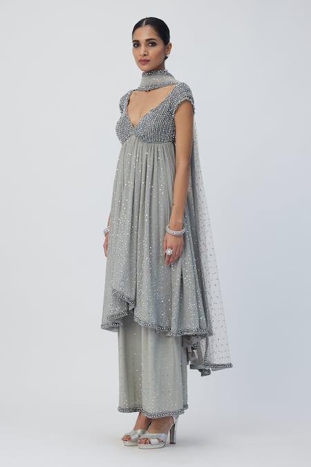 Vvani By Vani Vats_Silver Georgette Crystals, Sequins Scoop Embellished Anarkali Flared Pant Set _at_Aza_Fashions