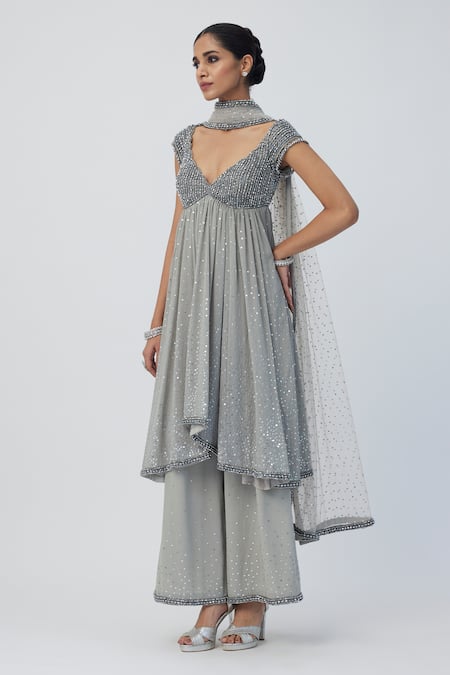 Buy_Vvani By Vani Vats_Silver Georgette Crystals, Sequins Scoop Embellished Anarkali Flared Pant Set 