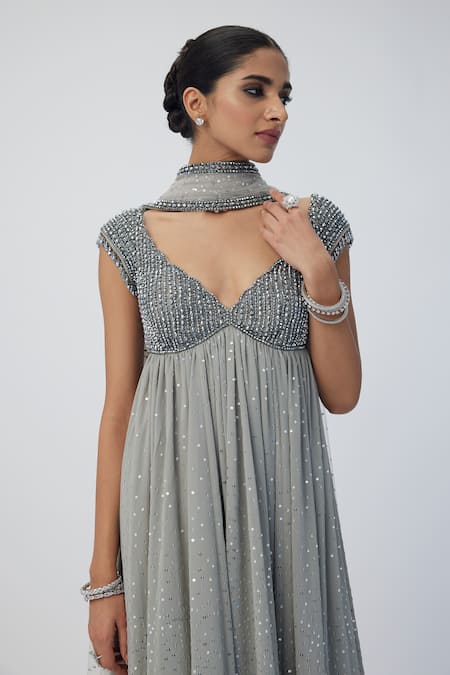 Shop_Vvani By Vani Vats_Silver Georgette Crystals, Sequins Scoop Embellished Anarkali Flared Pant Set 