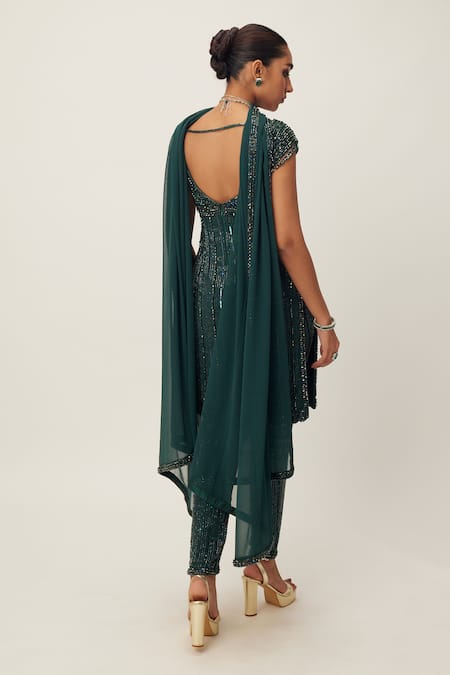 Shop_Vvani By Vani Vats_Green Georgette Crystals, Cut Work, Sequins, Embellished Kurta Pant Set _at_Aza_Fashions