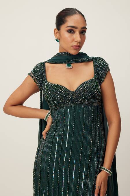 Buy_Vvani By Vani Vats_Green Georgette Crystals, Cut Work, Sequins, Embellished Kurta Pant Set _Online_at_Aza_Fashions