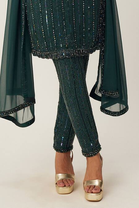Buy_Vvani By Vani Vats_Green Georgette Crystals, Cut Work, Sequins, Embellished Kurta Pant Set 