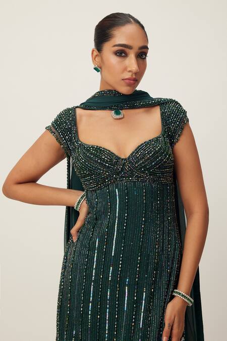 Shop_Vvani By Vani Vats_Green Georgette Crystals, Cut Work, Sequins, Embellished Kurta Pant Set 