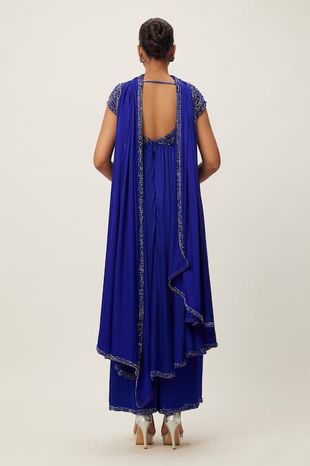 Shop Vvani By Vani Vats Blue Georgette Crystals, Cut Work, Sequins, Bead Yoke Anarkali Flared Pant Set at Aza Fashions Shop_Vvani By Vani Vats_Blue Georgette Crystals, Cut Work, Sequins, Bead Yoke Anarkali Flared Pant Set _at_Aza_Fashions
