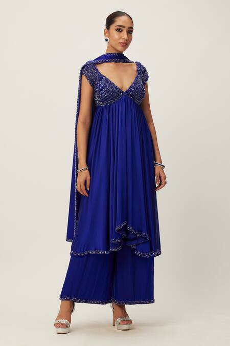 Vvani By Vani Vats Blue Georgette Crystals, Cut Work, Sequins, Bead Yoke Anarkali Flared Pant Set Online at Aza Fashions Vvani By Vani Vats_Blue Georgette Crystals, Cut Work, Sequins, Bead Yoke Anarkali Flared Pant Set _Online_at_Aza_Fashions