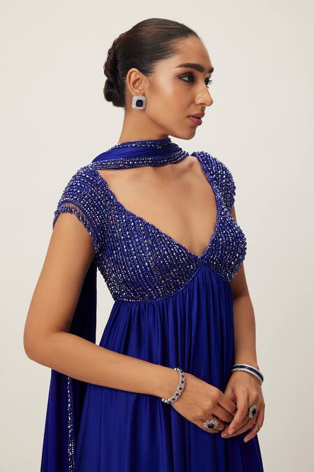 Buy Vvani By Vani Vats Blue Georgette Crystals, Cut Work, Sequins, Bead Yoke Anarkali Flared Pant Set Online at Aza Fashions Buy_Vvani By Vani Vats_Blue Georgette Crystals, Cut Work, Sequins, Bead Yoke Anarkali Flared Pant Set _Online_at_Aza_Fashions