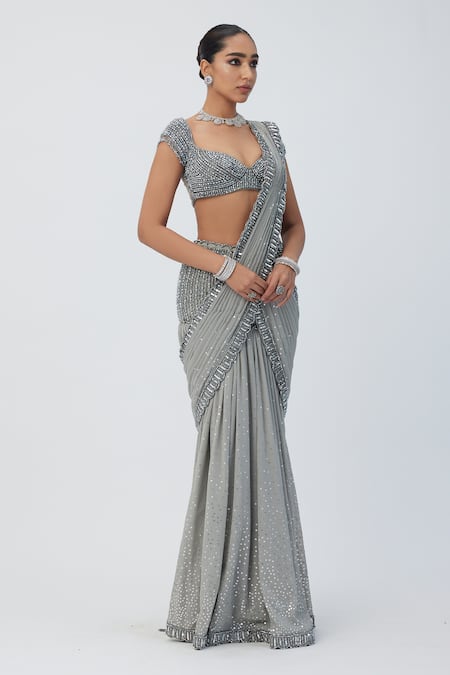 Vvani By Vani Vats_Grey Georgette Sequins, Cut Scallop Embroidered Pre-draped Saree With Blouse _Online_at_Aza_Fashions