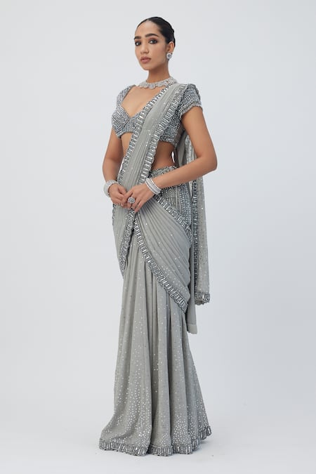 Buy_Vvani By Vani Vats_Grey Georgette Sequins, Cut Scallop Embroidered Pre-draped Saree With Blouse _Online_at_Aza_Fashions