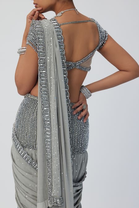 Shop_Vvani By Vani Vats_Grey Georgette Sequins, Cut Scallop Embroidered Pre-draped Saree With Blouse _Online_at_Aza_Fashions