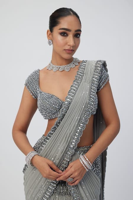 Vvani By Vani Vats_Grey Georgette Sequins, Cut Scallop Embroidered Pre-draped Saree With Blouse _at_Aza_Fashions