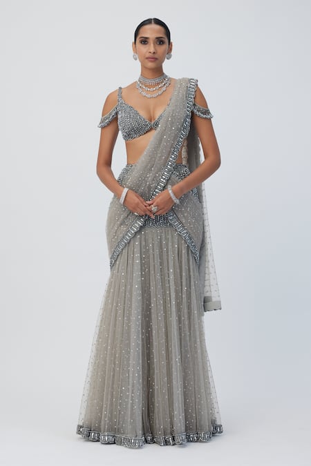 Vvani By Vani Vats_Gray Georgette, Net Sequins, Crystals Grey Embellished Pre-draped Saree Set _Online_at_Aza_Fashions