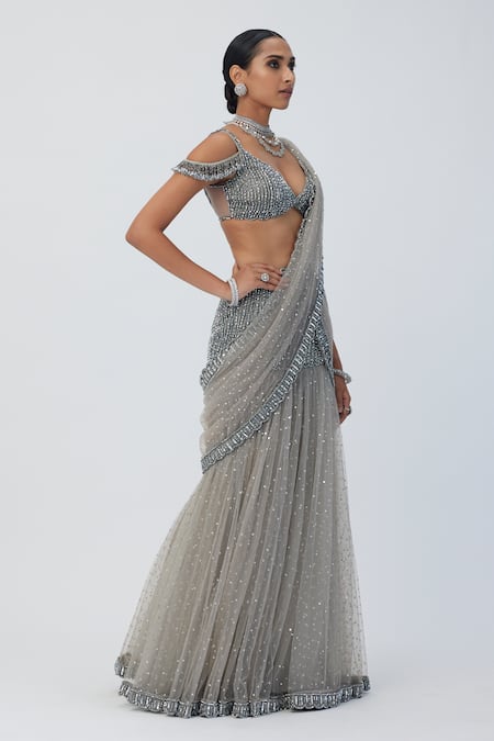 Buy_Vvani By Vani Vats_Gray Georgette, Net Sequins, Crystals Grey Embellished Pre-draped Saree Set _Online_at_Aza_Fashions