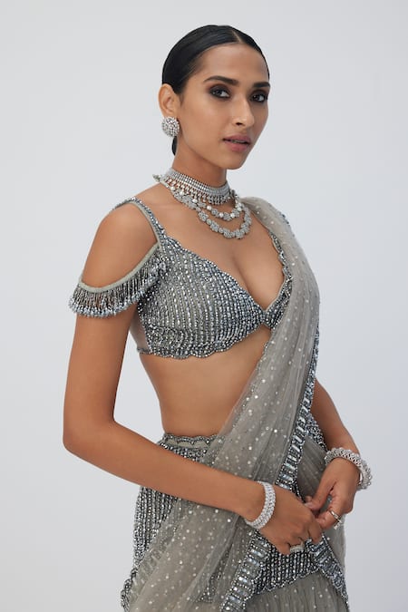 Shop_Vvani By Vani Vats_Gray Georgette, Net Sequins, Crystals Grey Embellished Pre-draped Saree Set _Online_at_Aza_Fashions