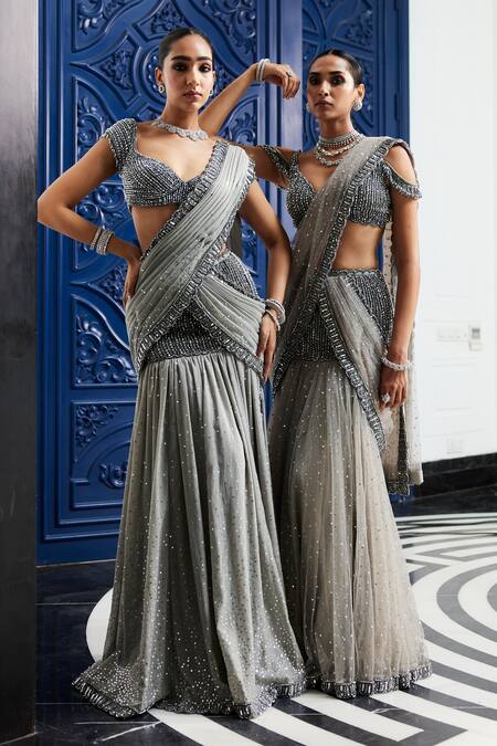 Buy_Vvani By Vani Vats_Gray Georgette, Net Sequins, Crystals Grey Embellished Pre-draped Saree Set 