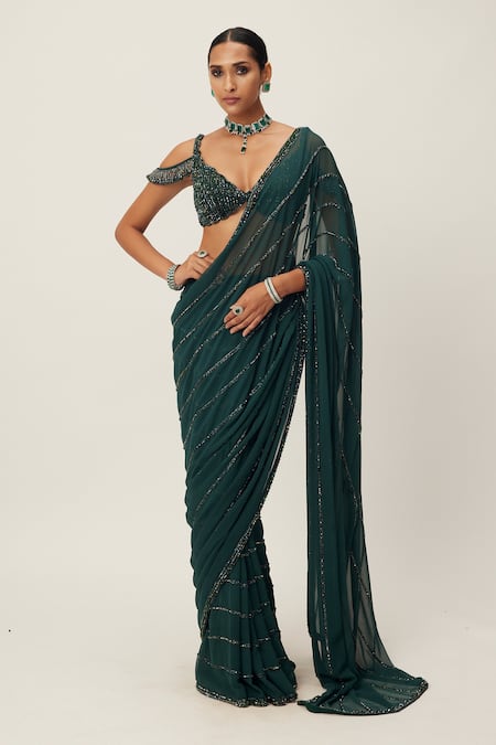 Vvani by Vani Vats Linear Embroidered Saree With Blouse 