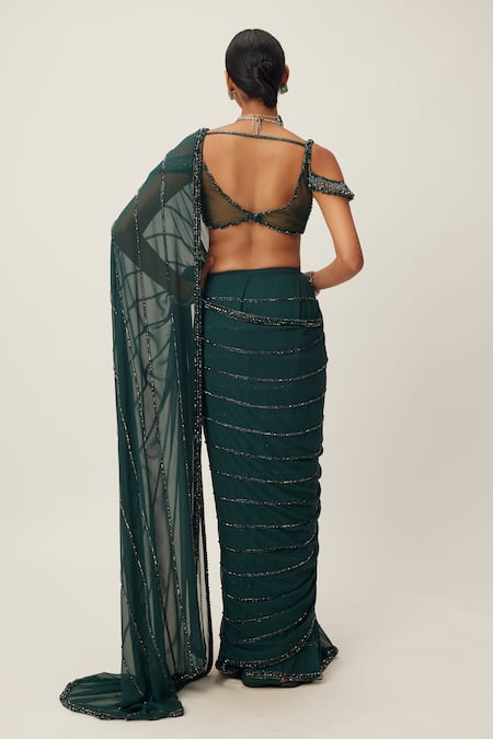 Shop Vvani By Vani Vats Green Georgette Sequins, Cut Work, Crystals Scoop Embellished Saree With Blouse at Aza Fashions Shop_Vvani By Vani Vats_Green Georgette Sequins, Cut Work, Crystals Scoop Embellished Saree With Blouse _at_Aza_Fashions