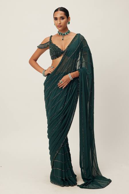 Vvani By Vani Vats Green Georgette Sequins, Cut Work, Crystals Scoop Embellished Saree With Blouse Online at Aza Fashions Vvani By Vani Vats_Green Georgette Sequins, Cut Work, Crystals Scoop Embellished Saree With Blouse _Online_at_Aza_Fashions