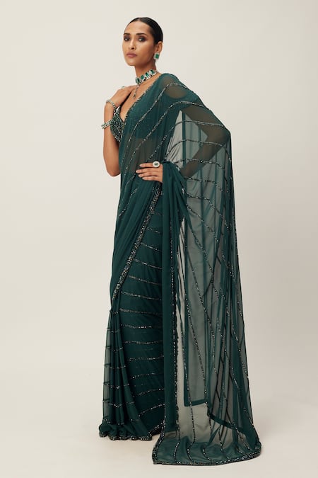 Buy Vvani By Vani Vats Green Georgette Sequins, Cut Work, Crystals Scoop Embellished Saree With Blouse Online at Aza Fashions Buy_Vvani By Vani Vats_Green Georgette Sequins, Cut Work, Crystals Scoop Embellished Saree With Blouse _Online_at_Aza_Fashions