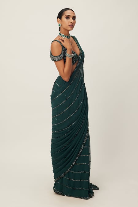 Shop Vvani By Vani Vats Green Georgette Sequins, Cut Work, Crystals Scoop Embellished Saree With Blouse Online at Aza Fashions Shop_Vvani By Vani Vats_Green Georgette Sequins, Cut Work, Crystals Scoop Embellished Saree With Blouse _Online_at_Aza_Fashions