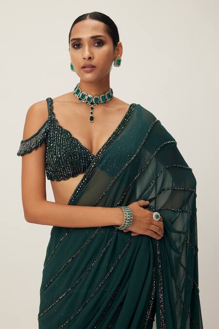Shop Vvani By Vani Vats Green Georgette Sequins, Cut Work, Crystals Scoop Embellished Saree With Blouse Shop_Vvani By Vani Vats_Green Georgette Sequins, Cut Work, Crystals Scoop Embellished Saree With Blouse