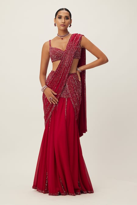 Vvani by Vani Vats Crystal Embellished Pre-Draped Saree With Blouse 