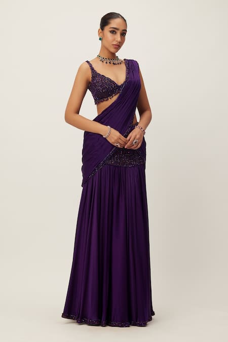 Vvani by Vani Vats Purple Saree Satin Embroidery Sequin Scallop V Cutdana Pre-draped With Blouse  3